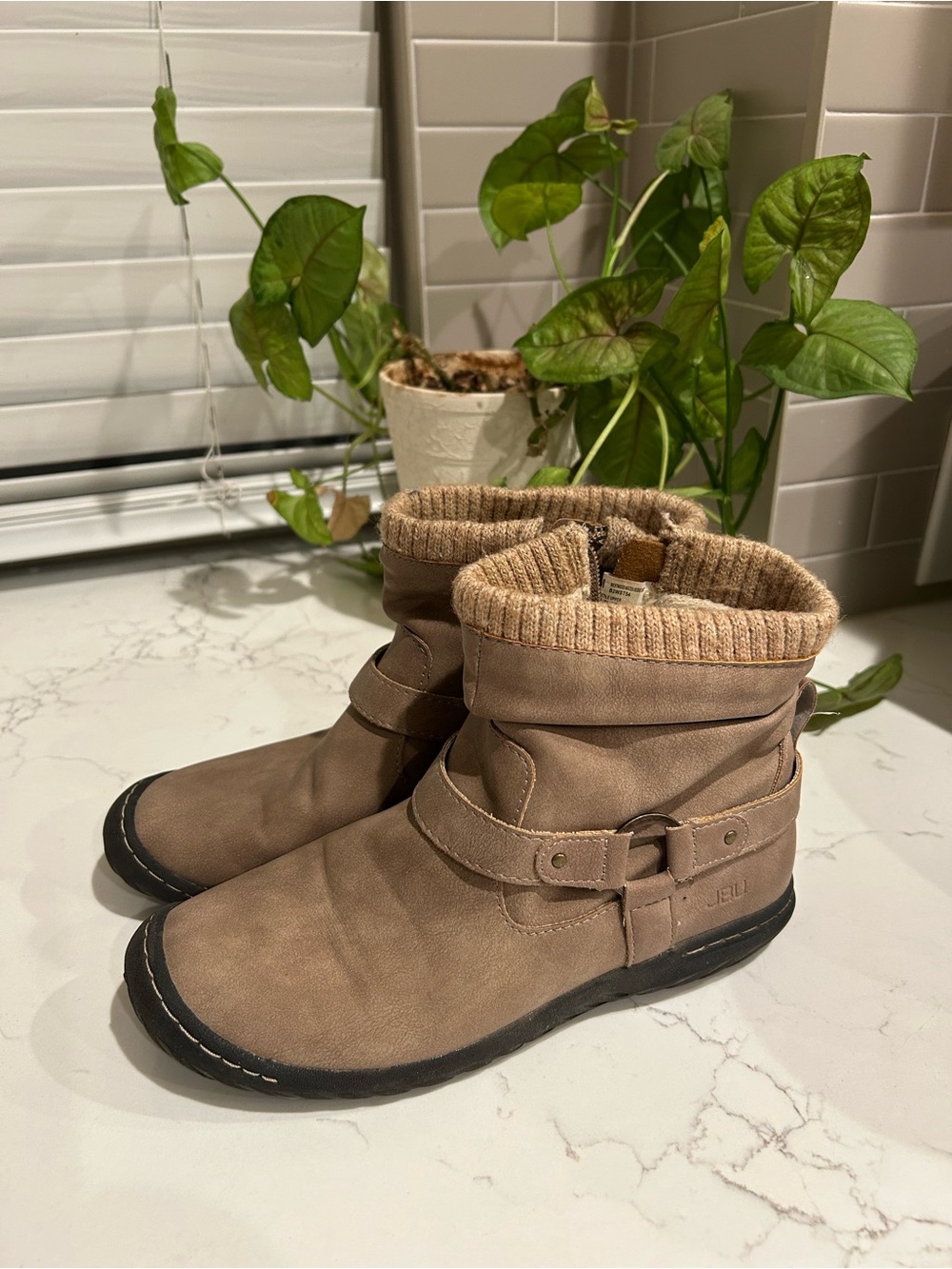 JBU Tan Faux-Suede Ankle Boot with Knit Collar